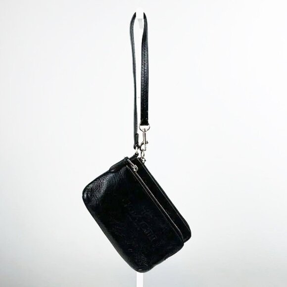 Coach Soft Black Pebbled Leather Embossed Logo Double Zipper Wristlet - Picture 2 of 14